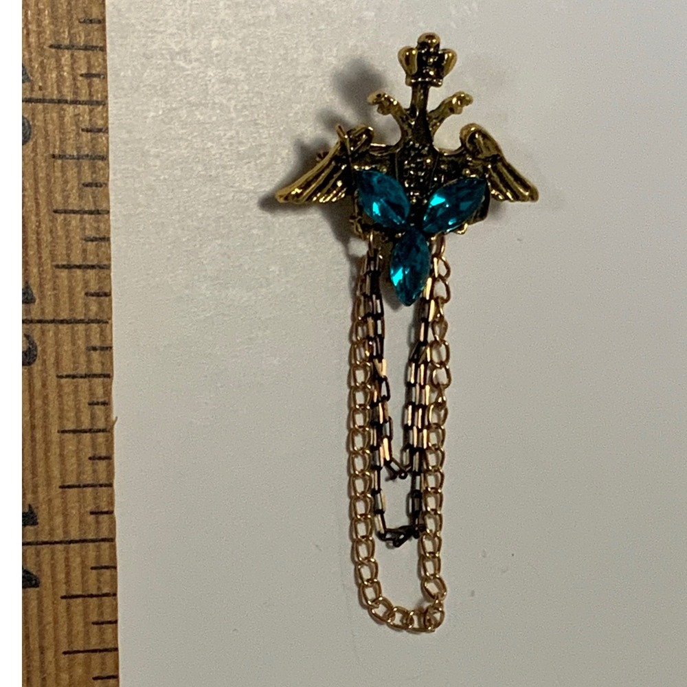 Gothic Double Headed Eagle Brooch Pin Blue Rhinestone Tassel Chain Winged